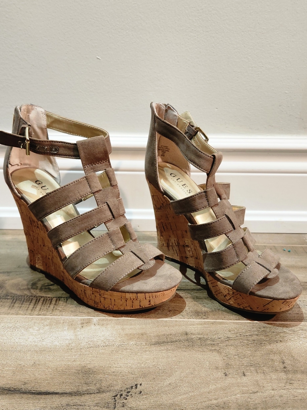 Guess Brown Cork Wedge Sandals with Suede Straps